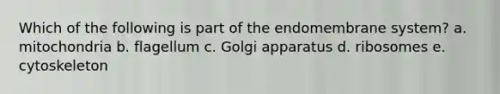 Which of the following is part of the endomembrane system? a. mitochondria b. flagellum c. Golgi apparatus d. ribosomes e. cytoskeleton