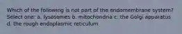 Which of the following is not part of the endomembrane system? Select one: a. lysosomes b. mitochondria c. the Golgi apparatus d. the rough endoplasmic reticulum