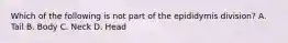 Which of the following is not part of the epididymis division? A. Tail B. Body C. Neck D. Head