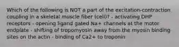 Which of the following is NOT a part of the excitation-contraction coupling in a skeletal muscle fiber (cell)? - activating DHP receptors - opening ligand gated Na+ channels at the motor endplate - shifting of tropomyosin away from the myosin binding sites on the actin - binding of Ca2+ to troponin