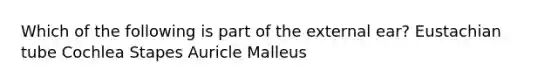 Which of the following is part of the external ear? Eustachian tube Cochlea Stapes Auricle Malleus