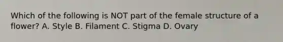 Which of the following is NOT part of the female structure of a flower? A. Style B. Filament C. Stigma D. Ovary