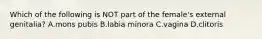 Which of the following is NOT part of the female's external genitalia? A.mons pubis B.labia minora C.vagina D.clitoris