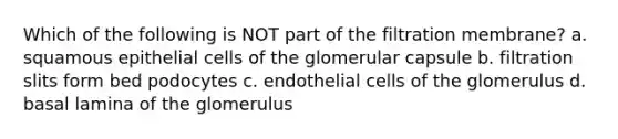 Which of the following is NOT part of the filtration membrane? a. squamous epithelial cells of the glomerular capsule b. filtration slits form bed podocytes c. endothelial cells of the glomerulus d. basal lamina of the glomerulus