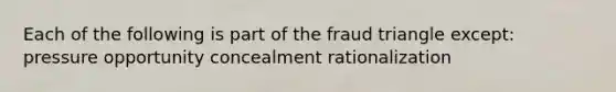 Each of the following is part of the fraud triangle except: pressure opportunity concealment rationalization