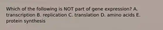 Which of the following is NOT part of gene expression? A. transcription B. replication C. translation D. amino acids E. protein synthesis