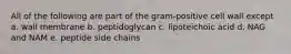 All of the following are part of the gram-positive cell wall except a. wall membrane b. peptidoglycan c. lipoteichoic acid d. NAG and NAM e. peptide side chains