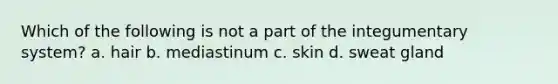 Which of the following is not a part of the integumentary system? a. hair b. mediastinum c. skin d. sweat gland