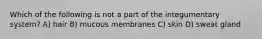 Which of the following is not a part of the integumentary system? A) hair B) mucous membranes C) skin D) sweat gland