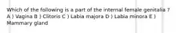 Which of the following is a part of the internal female genitalia ? A ) Vagina B ) Clitoris C ) Labia majora D ) Labia minora E ) Mammary gland