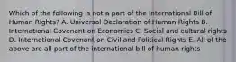 Which of the following is not a part of the International Bill of Human Rights? A. Universal Declaration of Human Rights B. International Covenant on Economics C. Social and cultural rights D. International Covenant on Civil and Political Rights E. All of the above are all part of the international bill of human rights