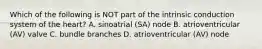 Which of the following is NOT part of the intrinsic conduction system of the heart? A. sinoatrial (SA) node B. atrioventricular (AV) valve C. bundle branches D. atrioventricular (AV) node