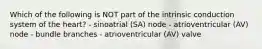 Which of the following is NOT part of the intrinsic conduction system of the heart? - sinoatrial (SA) node - atrioventricular (AV) node - bundle branches - atrioventricular (AV) valve