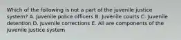 Which of the following is not a part of the juvenile justice system? A. Juvenile police officers B. Juvenile courts C. Juvenile detention D. Juvenile corrections E. All are components of the juvenile justice system