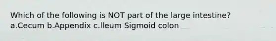 Which of the following is NOT part of the large intestine? a.Cecum b.Appendix c.lleum Sigmoid colon