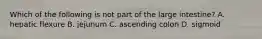 Which of the following is not part of the large intestine? A. hepatic flexure B. jejunum C. ascending colon D. sigmoid