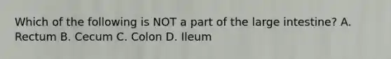 Which of the following is NOT a part of the large intestine? A. Rectum B. Cecum C. Colon D. Ileum