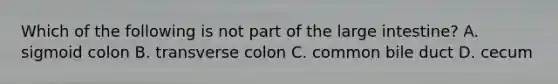 Which of the following is not part of the <a href='https://www.questionai.com/knowledge/kGQjby07OK-large-intestine' class='anchor-knowledge'>large intestine</a>? A. sigmoid colon B. transverse colon C. common bile duct D. cecum