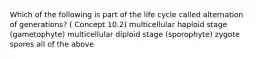 Which of the following is part of the life cycle called alternation of generations? ( Concept 10.2) multicellular haploid stage (gametophyte) multicellular diploid stage (sporophyte) zygote spores all of the above