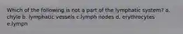 Which of the following is not a part of the lymphatic system? a. chyle b. lymphatic vessels c.lymph nodes d. erythrocytes e.lymph