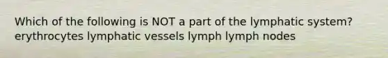 Which of the following is NOT a part of the lymphatic system? erythrocytes <a href='https://www.questionai.com/knowledge/ki6sUebkzn-lymphatic-vessels' class='anchor-knowledge'>lymphatic vessels</a> lymph lymph nodes