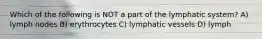 Which of the following is NOT a part of the lymphatic system? A) lymph nodes B) erythrocytes C) lymphatic vessels D) lymph