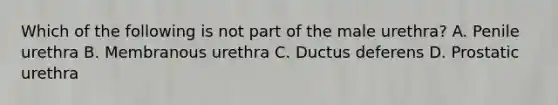 Which of the following is not part of the male urethra? A. Penile urethra B. Membranous urethra C. Ductus deferens D. Prostatic urethra