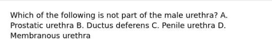 Which of the following is not part of the male urethra? A. Prostatic urethra B. Ductus deferens C. Penile urethra D. Membranous urethra
