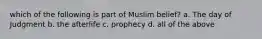 which of the following is part of Muslim belief? a. The day of Judgment b. the afterlife c. prophecy d. all of the above