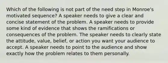 Which of the following is not part of the need step in Monroe's motivated sequence? A speaker needs to give a clear and concise statement of the problem. A speaker needs to provide some kind of evidence that shows the ramifications or consequences of the problem. The speaker needs to clearly state the attitude, value, belief, or action you want your audience to accept. A speaker needs to point to the audience and show exactly how the problem relates to them personally.