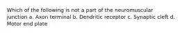 Which of the following is not a part of the neuromuscular junction a. Axon terminal b. Dendritic receptor c. Synaptic cleft d. Motor end plate