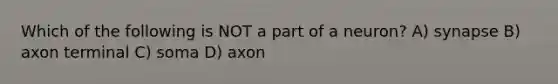 Which of the following is NOT a part of a neuron? A) synapse B) axon terminal C) soma D) axon