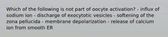 Which of the following is not part of oocyte activation? - influx of sodium ion - discharge of exocytotic vesicles - softening of the zona pellucida - membrane depolarization - release of calcium ion from smooth ER