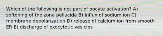 Which of the following is not part of oocyte activation? A) softening of the zona pellucida B) influx of sodium ion C) membrane depolarization D) release of calcium ion from smooth ER E) discharge of exocytotic vesicles