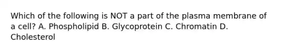 Which of the following is NOT a part of the plasma membrane of a cell? A. Phospholipid B. Glycoprotein C. Chromatin D. Cholesterol