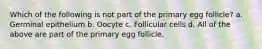 Which of the following is not part of the primary egg follicle? a. Germinal epithelium b. Oocyte c. Follicular cells d. All of the above are part of the primary egg follicle.