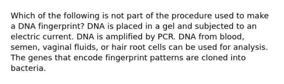 Which of the following is not part of the procedure used to make a DNA fingerprint? DNA is placed in a gel and subjected to an electric current. DNA is amplified by PCR. DNA from blood, semen, vaginal fluids, or hair root cells can be used for analysis. The genes that encode fingerprint patterns are cloned into bacteria.