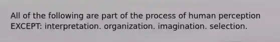 All of the following are part of the process of human perception EXCEPT: interpretation. organization. imagination. selection.