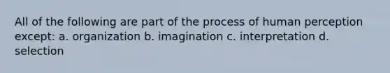 All of the following are part of the process of human perception except: a. organization b. imagination c. interpretation d. selection