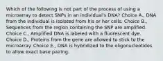 Which of the following is not part of the process of using a microarray to detect SNPs in an individual's DNA? Choice A., DNA from the individual is isolated from his or her cells. Choice B., Sequences from the region containing the SNP are amplified. Choice C., Amplified DNA is labeled with a fluorescent dye. Choice D., Proteins from the gene are allowed to stick to the microarray. Choice E., DNA is hybridized to the oligonucleotides to allow exact base pairing.