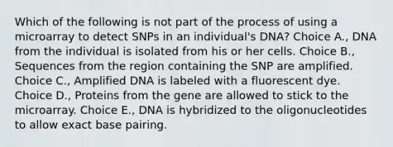 Which of the following is not part of the process of using a microarray to detect SNPs in an individual's DNA? Choice A., DNA from the individual is isolated from his or her cells. Choice B., Sequences from the region containing the SNP are amplified. Choice C., Amplified DNA is labeled with a fluorescent dye. Choice D., Proteins from the gene are allowed to stick to the microarray. Choice E., DNA is hybridized to the oligonucleotides to allow exact base pairing.