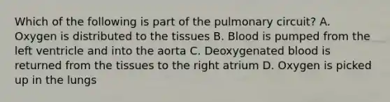 Which of the following is part of the pulmonary circuit? A. Oxygen is distributed to the tissues B. Blood is pumped from the left ventricle and into the aorta C. Deoxygenated blood is returned from the tissues to the right atrium D. Oxygen is picked up in the lungs