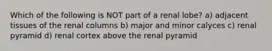 Which of the following is NOT part of a renal lobe? a) adjacent tissues of the renal columns b) major and minor calyces c) renal pyramid d) renal cortex above the renal pyramid