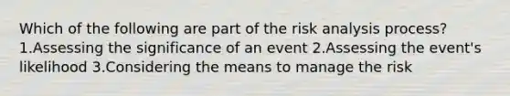 Which of the following are part of the risk analysis process? 1.Assessing the significance of an event 2.Assessing the event's likelihood 3.Considering the means to manage the risk