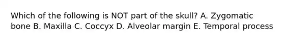 Which of the following is NOT part of the skull? A. Zygomatic bone B. Maxilla C. Coccyx D. Alveolar margin E. Temporal process