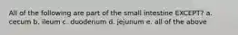 All of the following are part of the small intestine EXCEPT? a. cecum b. ileum c. duodenum d. jejunum e. all of the above