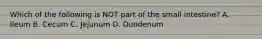 Which of the following is NOT part of the small intestine? A. Ileum B. Cecum C. Jejunum D. Duodenum