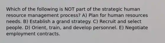 Which of the following is NOT part of the strategic human resource management process? A) Plan for human resources needs. B) Establish a grand strategy. C) Recruit and select people. D) Orient, train, and develop personnel. E) Negotiate employment contracts.