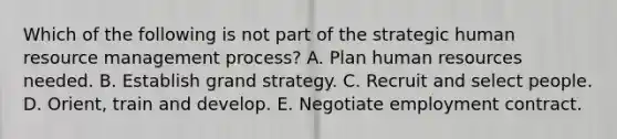 Which of the following is not part of the strategic human resource management process? A. Plan human resources needed. B. Establish grand strategy. C. Recruit and select people. D. Orient, train and develop. E. Negotiate employment contract.