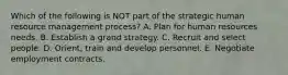 Which of the following is NOT part of the strategic human resource management process? A. Plan for human resources needs. B. Establish a grand strategy. C. Recruit and select people. D. Orient, train and develop personnel. E. Negotiate employment contracts.